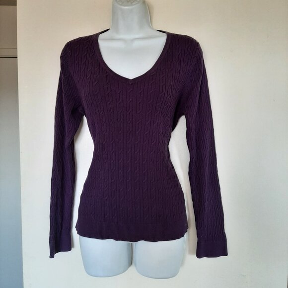 Talbots Women's Purple Pima Cotton Cable Knit V-Neck Sweater Large - Picture 5 of 6